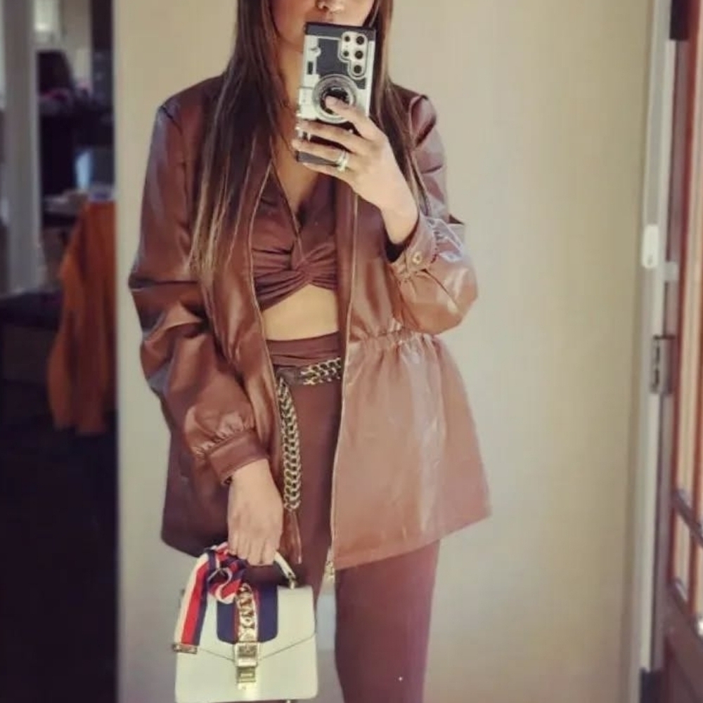 Women's Leather Brown Jacket And Brown Leather Pants 2 PC Different Brand